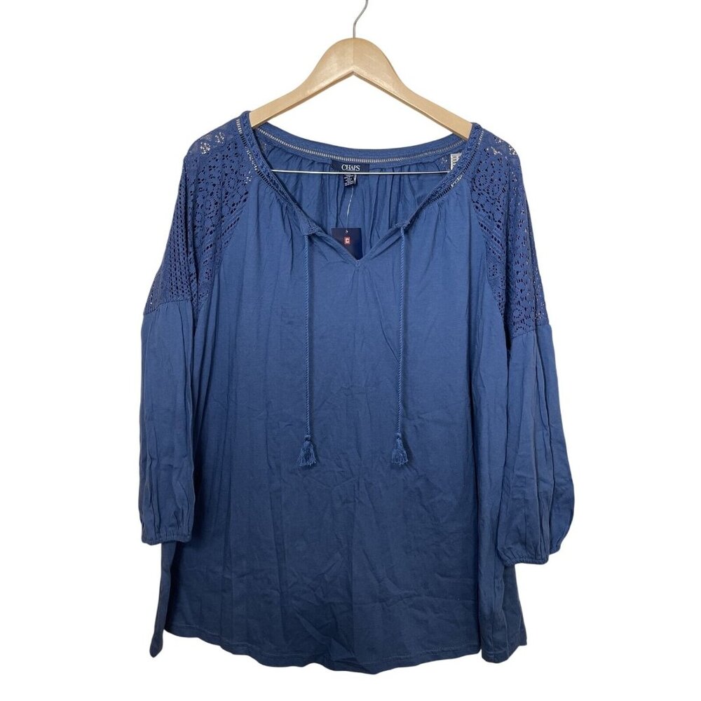 Chaps Womens Blue Crochet Sleeve‎ Top 2X Cotton Blend